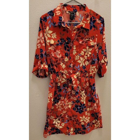 Millenium large women's red yellow blue floral Dress. Elastic Waist belt. Collar - Picture 1 of 7